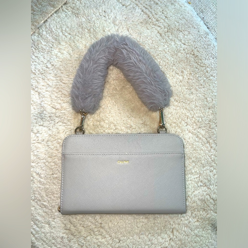 USED Calpak Travel Wallet Clutch with faux fur handle gold zippers grey gray